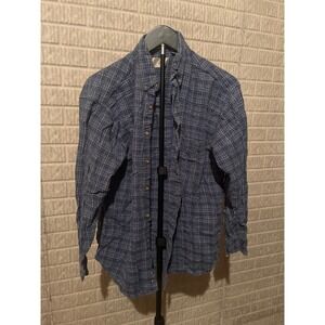 Bill Blass Mens Wear Plaid Long Sleeve Button Up Shirt Blue Tan Size Medium